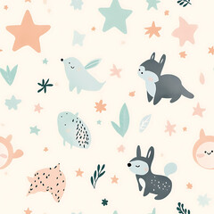 Seamless Repeating Pattern of Animals and Stars on Wallpaper, Whimsical Storybook Illustration in Context Art Style for Cozy and Charming Designs
