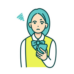 不愉快な気分。怒る女の子。スマフォを手にするブレザー姿の学生。