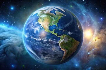 Fototapeta premium Close-up view of Earth shining in the cosmic sky, technology