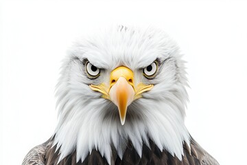 Obraz premium This majestic eagle commands attention with its fierce gaze, sharp beak, and detailed feathers, set against a clean white backdrop, symbolizing strength and freedom.