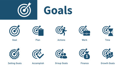 Development goal icon. Set of solid vector icons about planning goals, work, finance, and growth goals.