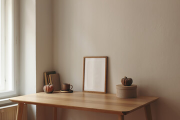Autumn interior still life. Blank wooden photo frame mockup on table with pumpkins, books. Thanksgiving, Halloween home decor. Scandi interior. Cup of tea, coffee, round box. White wall background