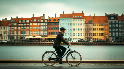 People bicycles, the ancient European city of Copenhagen, Denmark. Morning light and silhouettes, beautiful downtown