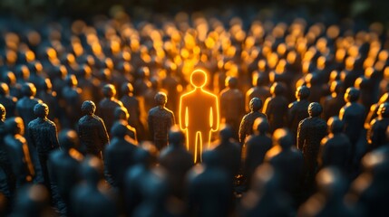 Unity and Togetherness: Small orange figures amidst a larger crowd, one unique figure stands out in a plastic world.