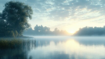 Serene morning reflections on a misty lake at sunrise