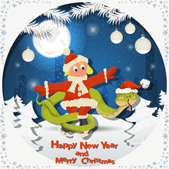 Illustration of the New Year and Christmas A snake wraps around a girl in skates among fir trees in the snow in a clearing