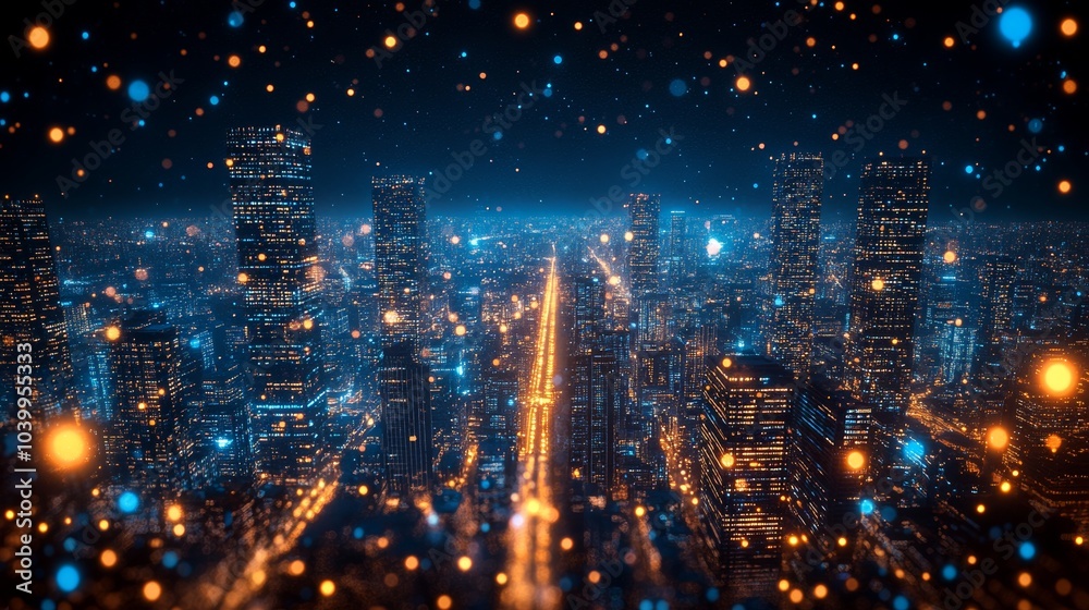 Poster a 3d rendering of an abstract futuristic background with a dark city building in the background and 