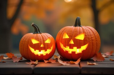 Two halloween pumpkins glowing at twilight on a wooden surface