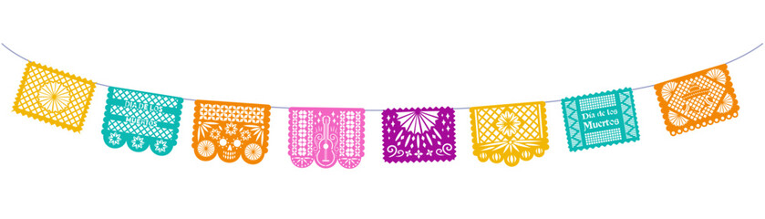 long horizontal banner with the Papel Picado Mexican garland on the day of the dead. Halloween Festive Cut Out Paper Bunting Flags