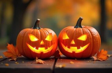 Two carved pumpkins glowing on a table for halloween celebration