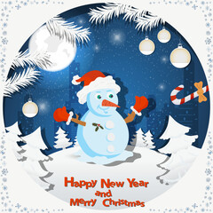 Illustration of the New Year and Christmas a Snowman wearing Santa hat among the fir trees in the snow in a clearing
