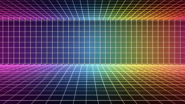 Vibrant Neon Retro Grid Background with Futuristic Rainbow Colors for 1980s Synthwave Themes and Digital Art Projects - Perfect for Tech Aesthetic, Holiday Designs, and Creative Presentations