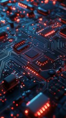 Obraz premium Innovative 3D visualization of future technology and electronic circuit boards.