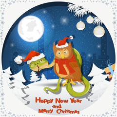 Illustration of the New Year and Christmas a snake and an Owl in Santa hats among the fir trees in the snow in a clearing