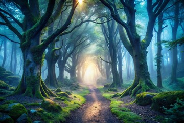 Obraz premium Enchanted Mystical Forest Pathway: Ominous Light and Shadows in a Dreamlike Setting for Product Photography