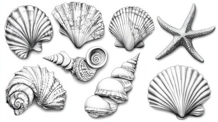 Assortment of Seashells and Starfish in Grid Pattern with Nine Different Types and Vintage Black and White Look