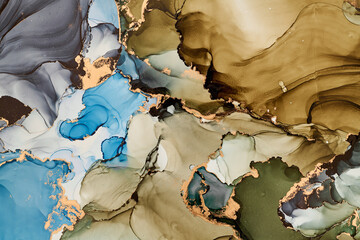 Current of translucent hues intertwine with metallic gold veins, shaping organic luxurious landscape. This fluid art, abstract liquid ink technique, light and shadow dance across free-flowing textures