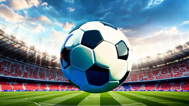 A soccer ball is surrounded by flags of many different colors. The flags are flying in the air, and the soccer ball is in the middle of the scene. Concept of excitement and celebration