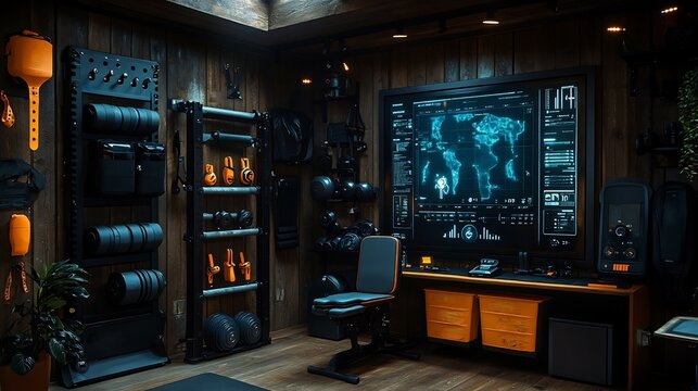 Biohacking home gym setup featuring multifunctional equipment recovery tools a smart mirror displaying realtime workout stats and fitness goals