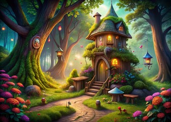 Fototapeta premium Enchanted Tree House in Forest - Magical Fantasy Scene for Children's Book Illustrations