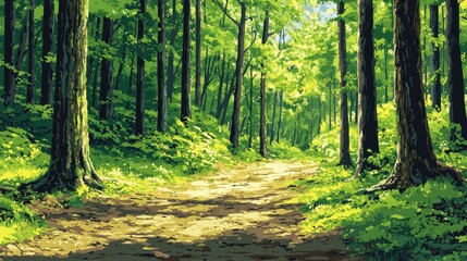 Naklejka premium A sun-dappled path winds through a lush, green forest.