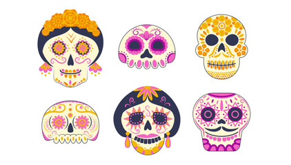 Set of skeleton decorated with flowers and decorative elements. Festive sugar skull for the Mexican Day of the Dead, Dia de los Muertos.