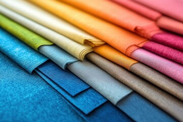 A collection of vibrant fabric swatches is neatly arranged, displaying a variety of solid colors. The clean, minimalist presentation highlights the textures and hues, offering design inspiration.
