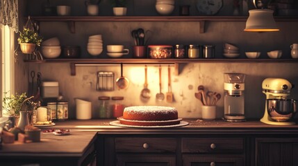 Delicious homemade cake waiting on vintage kitchen counter at sunset
