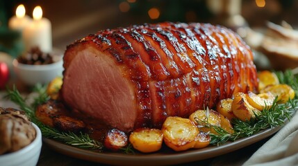 A glorious glazed ham served with roasted vegetables for festive feasting