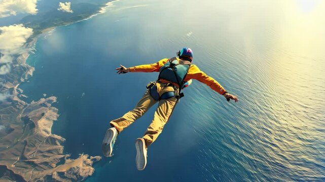 A man is flying in the air with a parachute. The sky is blue and the ocean is in the background