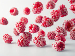 Vibrant raspberries floating gracefully against a soft pink background, perfect for culinary and...