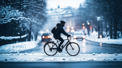 People bicycles, the ancient European city of Oslo, Norway. evening sunlight and silhouettes, snow on the floor in Winter Season
