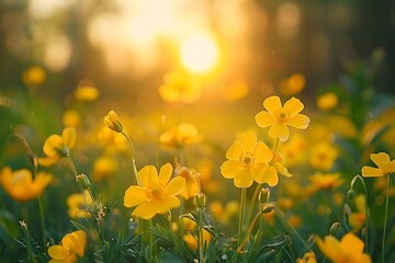 Obraz premium A Golden Meadow at Sunset: Vibrant Yellow Flowers in Bloom
