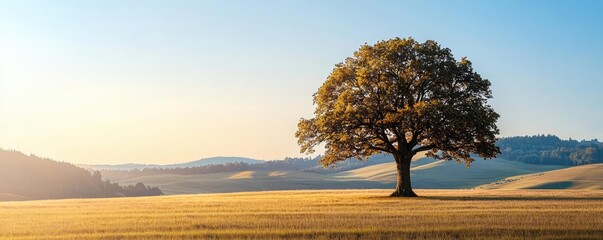 Obraz premium Lonely tree in a wide golden field under a clear blue sky, peaceful rural landscape.