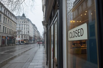 A closed sign reflected on a glass window of a shop, with a quiet, empty city street outside