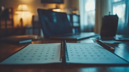 A person confidently using a planner with a pen surrounded by an organized desk setup symbolizing time management and efficient planning Stock Photo with side copy space