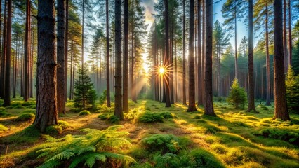 Naklejka premium Enchanting Coniferous Forest with Sunlight Filtering through Lush Green Canopies
