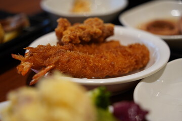 Fried shrimp on the table in a Japanese restaurant