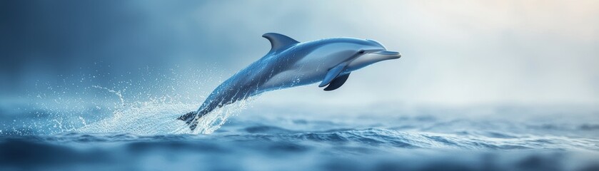 Dolphin gracefully leaping out of the water, surrounded by blue waves and mist.