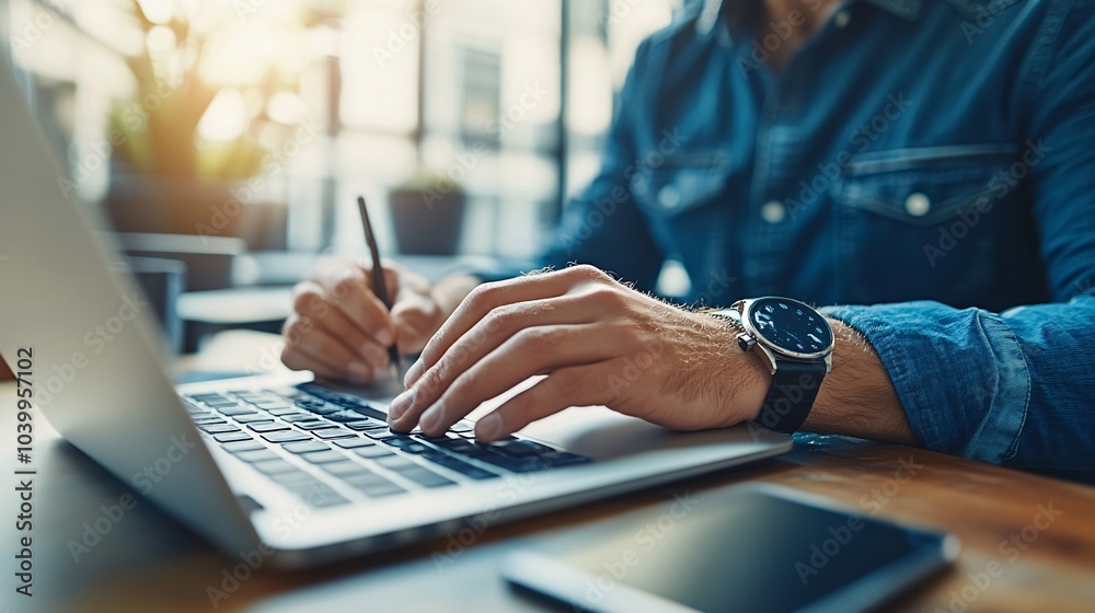 Poster A man working on a new skill on his laptop while taking notes symbolizing active learning and dedication to personal development Stock Photo with side copy space