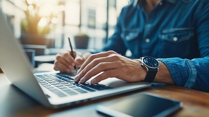 A man working on a new skill on his laptop while taking notes symbolizing active learning and dedication to personal development Stock Photo with side copy space