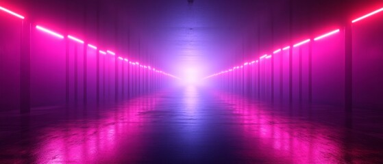 Mysterious ambiance in an empty room illuminated by rows of vibrant pink and purple lights with a wet floor.