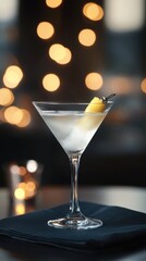 Elegant cocktail with a lemon garnish on a dark napkin, soft bokeh lights in the background.