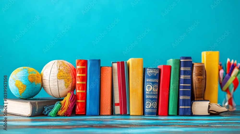 Poster A student focusing on learning a new language through online courses surrounded by books and study tools symbolizing personal growth through education Stock Photo with side copy space