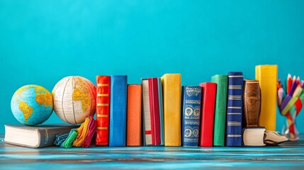 A student focusing on learning a new language through online courses surrounded by books and study tools symbolizing personal growth through education Stock Photo with side copy space