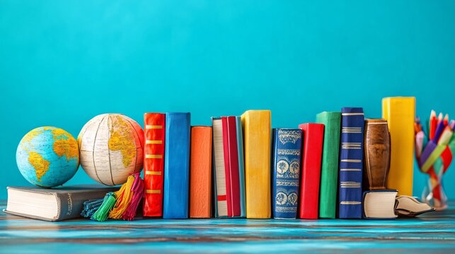 A student focusing on learning a new language through online courses surrounded by books and study tools symbolizing personal growth through education Stock Photo with side copy space
