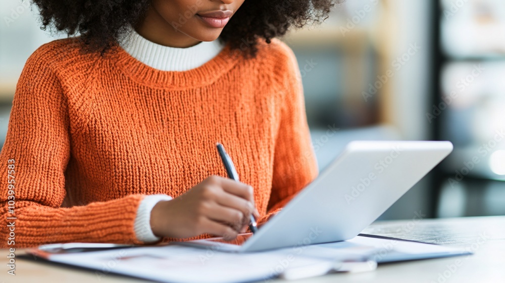 Aufkleber a woman diligently studying new material on a tablet while sipping coffee in a cozy study space symb