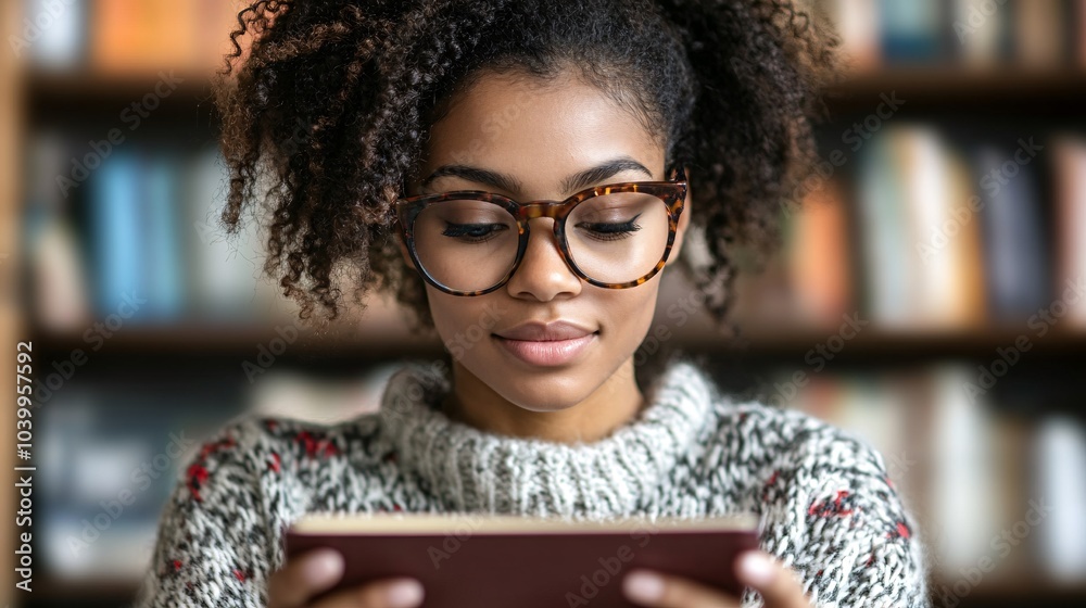 Poster a woman diligently studying new material on a tablet while sipping coffee in a cozy study space symb