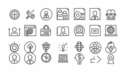 Collection of icons including a book, a globe, a key, a person, and a computer