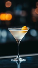 Elegant martini cocktail with a garnish, blurred background, perfect for bar and celebration themes.